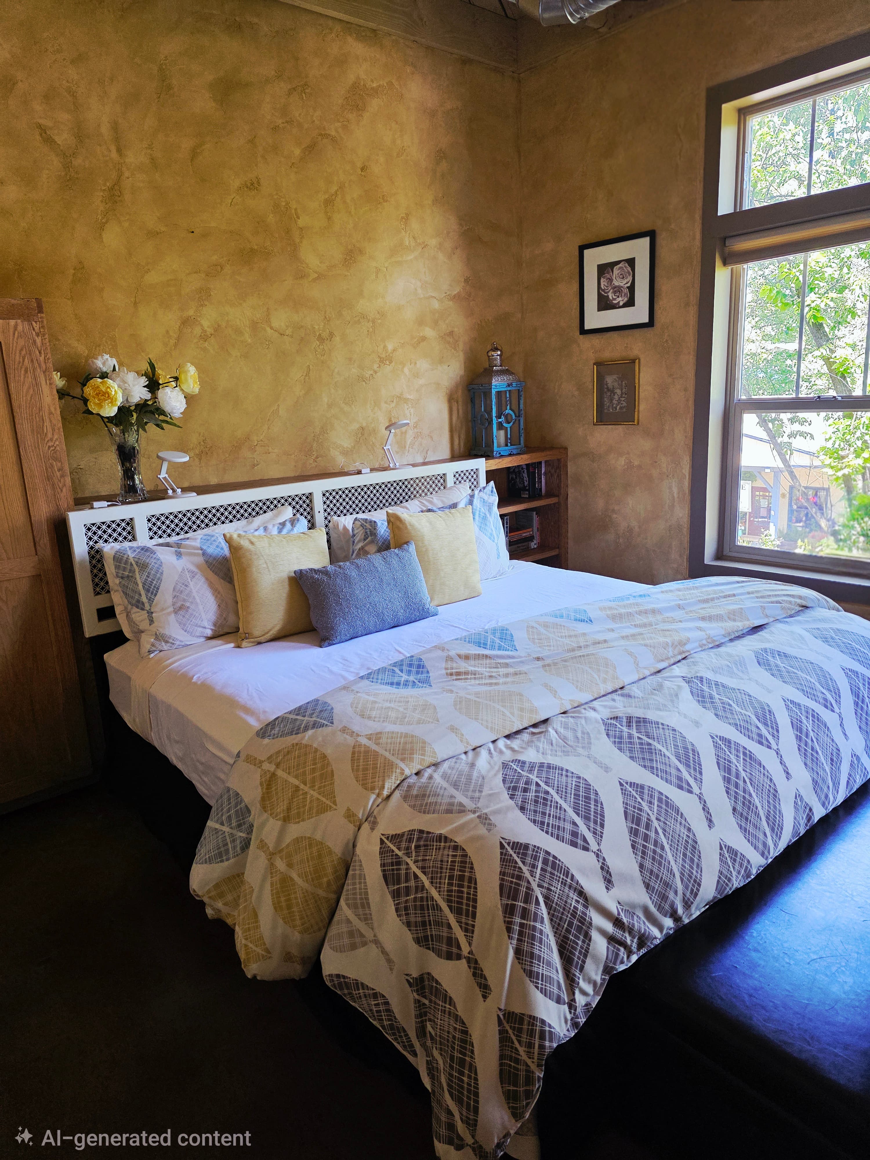 A cozy bedroom featuring a bed with patterned bedding, decorative pillows, and a large window with natural light.